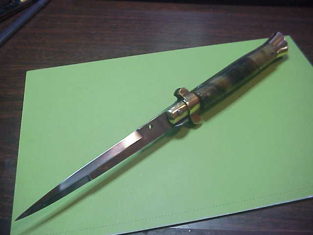1940s 26cm Italian Brass Flat Guard Picklock Honey & Cream Horn Vintage Automatic knife