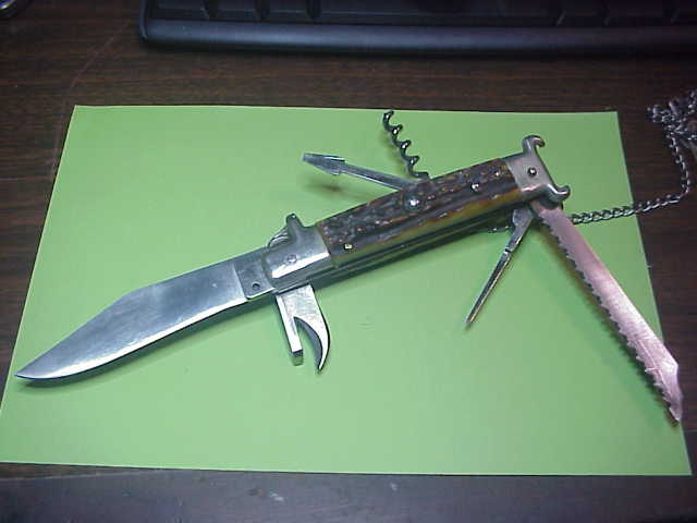 Zoppis 22cm Italian Picklock Stag Shell puller 6 Blade Camper Vintage automatic knife w chain