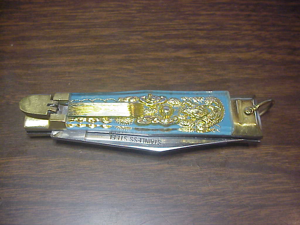 z STAINLESS STEEL Bullfighter Dragon 19cm Mexican Light Blue Souvenir lever switchblade knife