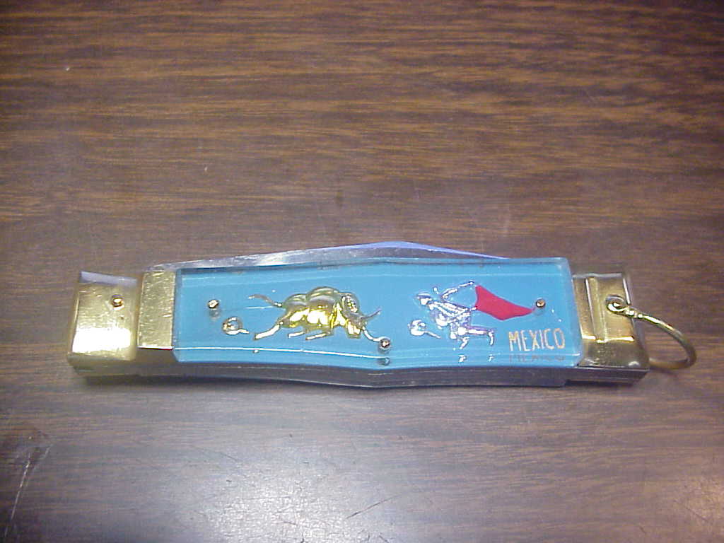 z STAINLESS STEEL Bullfighter Dragon 19cm Mexican Light Blue Souvenir lever switchblade knife