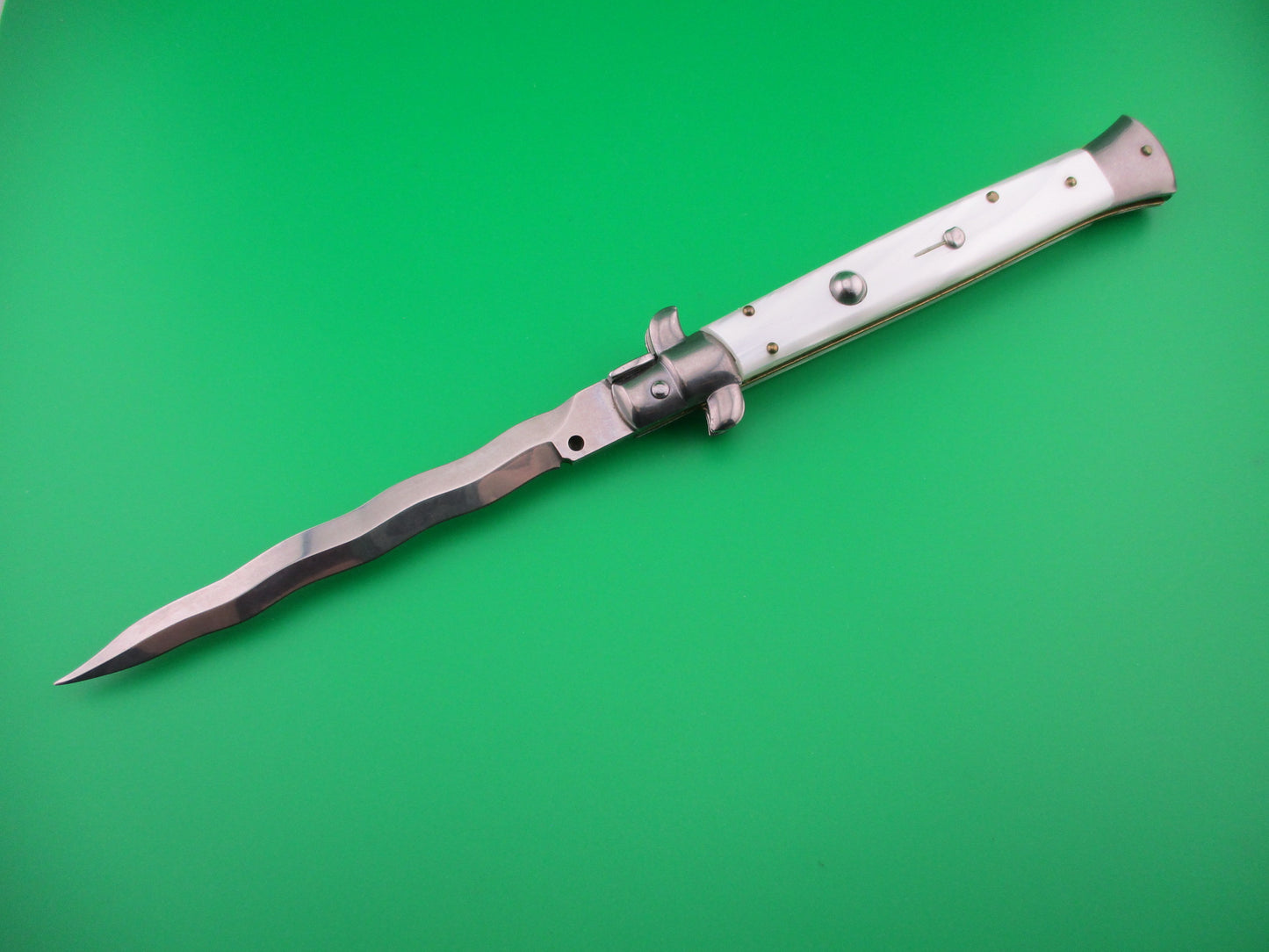 FRANK B ITALY 28cm Italian Stiletto KRIS blade swivel bolster Pearlex automatic knife