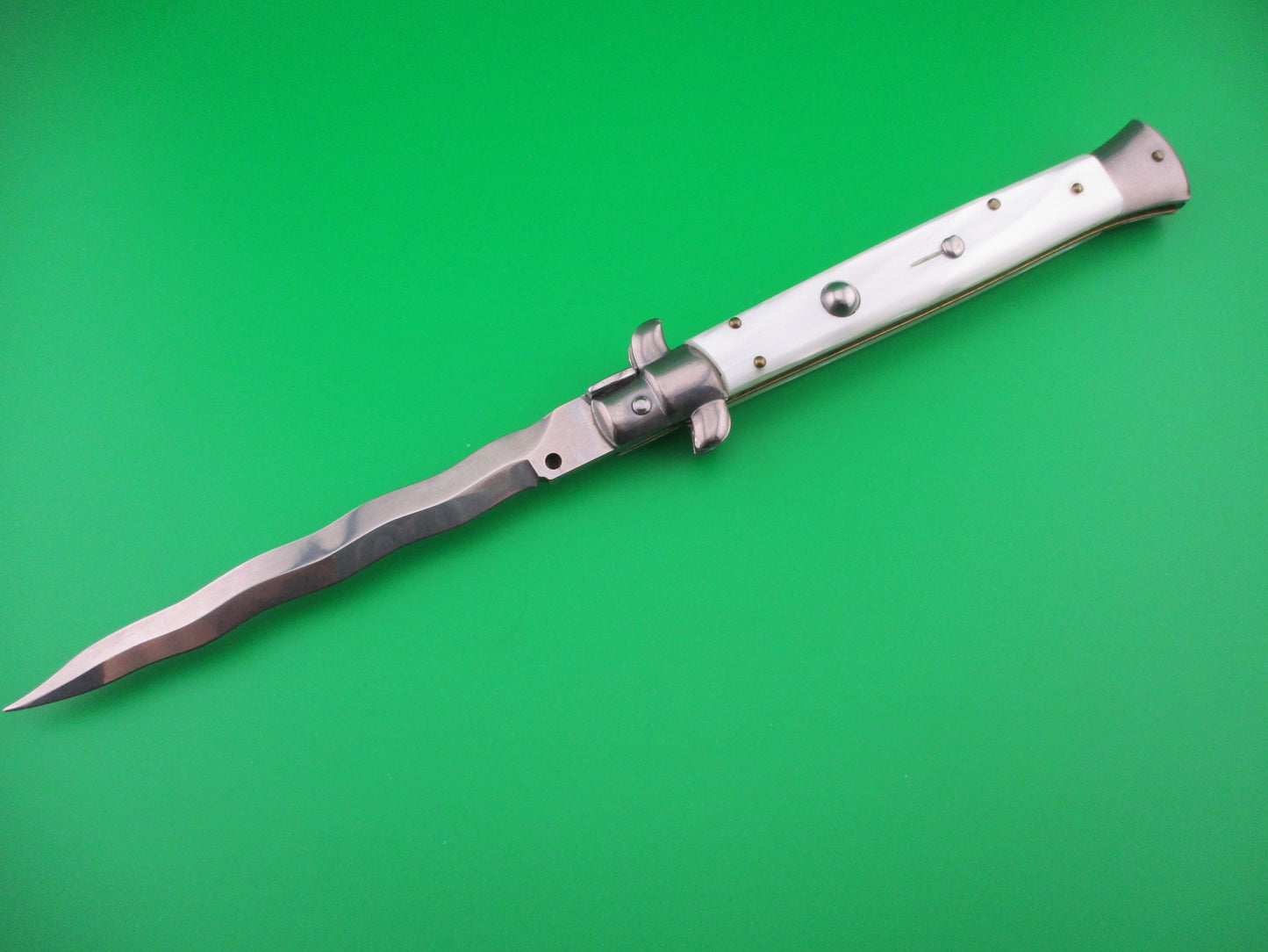 FRANK B ITALY 28cm Italian Stiletto KRIS blade swivel bolster Pearlex automatic knife