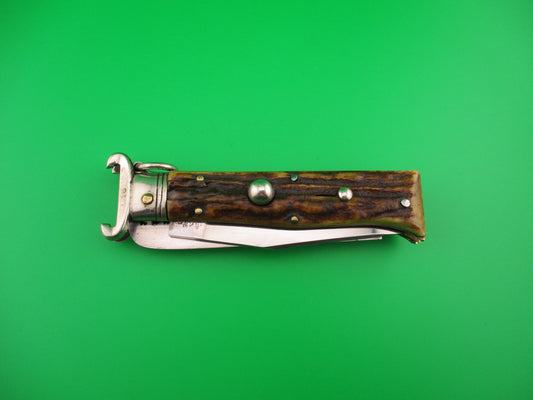 LEPRE INOX 19cm Italian Ring pull 2 Blade Shell Puller Stag automatic knife Rabbit stamp