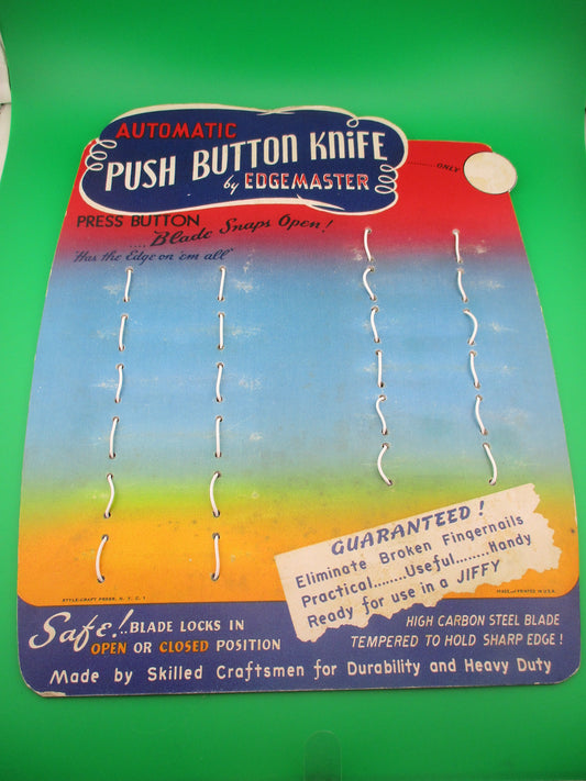 Edgemaster PUSH BUTTON KNIFE 1950s switchblade display board reproduction blue