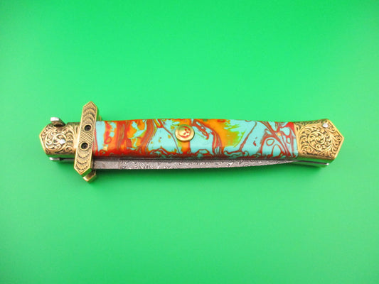 Custom Samir Ahmad 33cm Damascus Dagger Engraved bolster Color Splash automatic knife