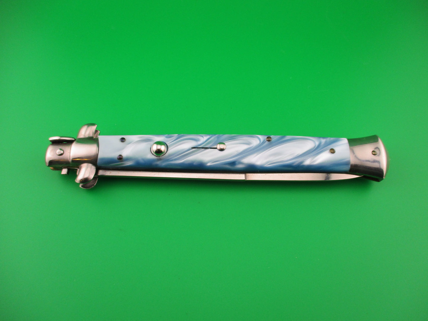 STILETTO ITALY 33cm Italian Swivel bolster Blue Pearl Kirinite automatic knife