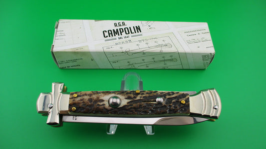 AGA CAMPOLIN 23cm Italian Maltese Stag crossguard automatic knife w box