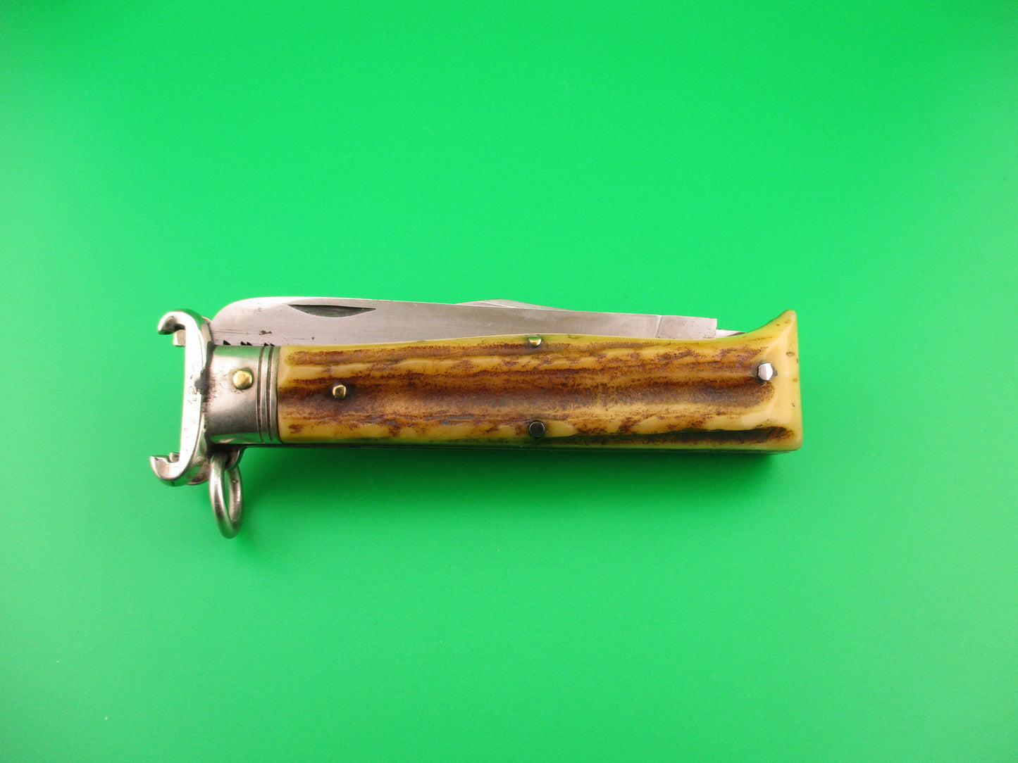 LEPRE INOX 19cm Italian Ring pull 2 Blade Shell Puller Stag automatic knife Rabbit stamp