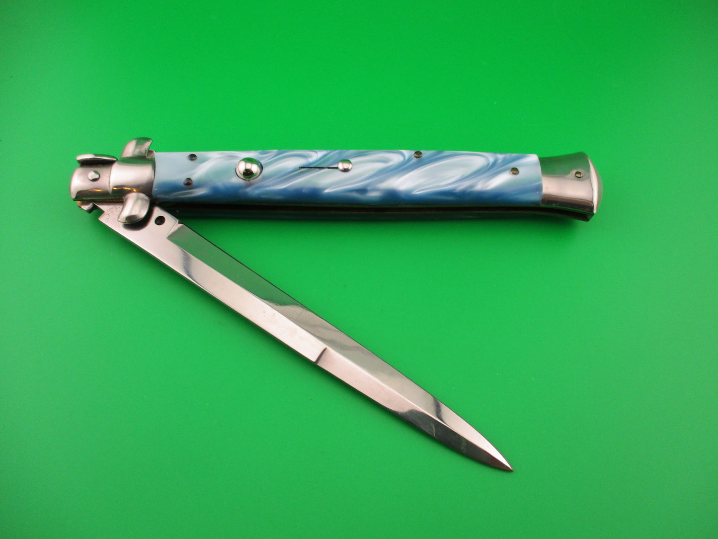 STILETTO ITALY 33cm Italian Swivel bolster Blue Pearl Kirinite automatic knife