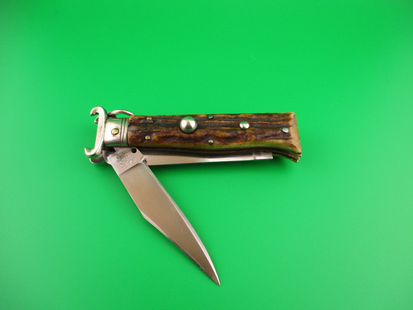 LEPRE INOX 19cm Italian Ring pull 2 Blade Shell Puller Stag automatic knife Rabbit stamp