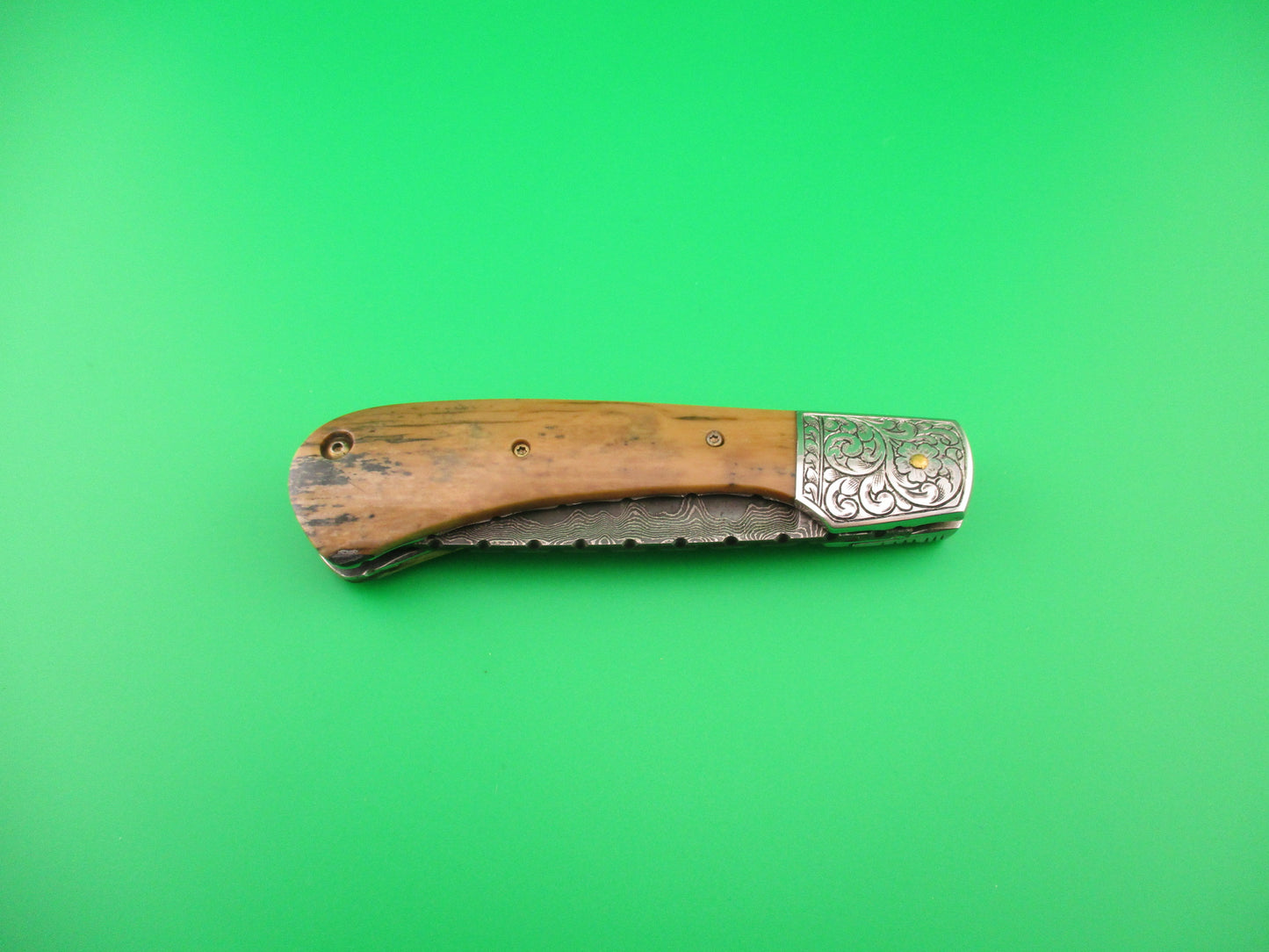 PETER MARTIN KNIVES NO 3 Custom Damascus Mammoth Ivory Bolster release automatic knife