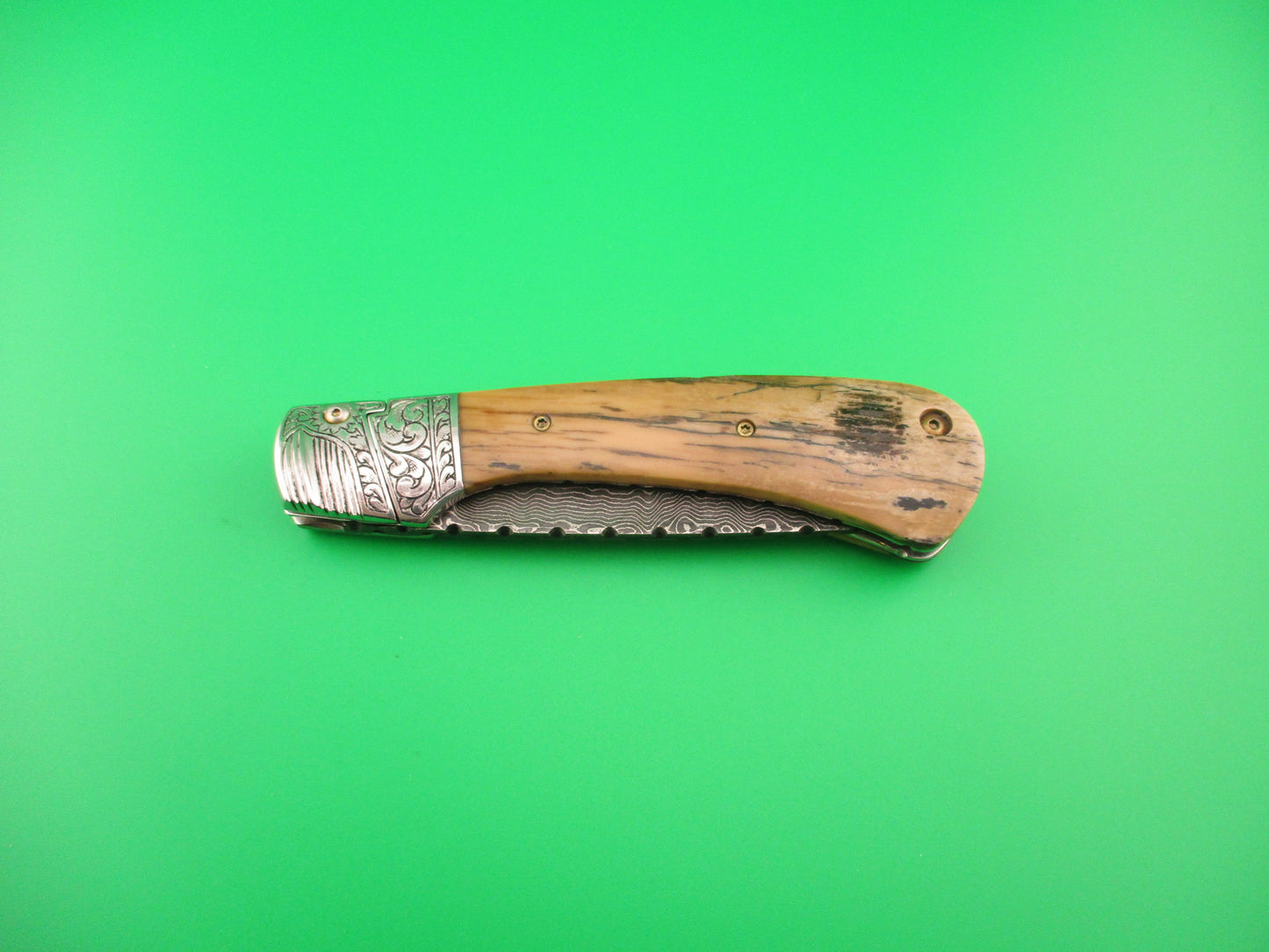 PETER MARTIN KNIVES NO 3 Custom Damascus Mammoth Ivory Bolster release automatic knife