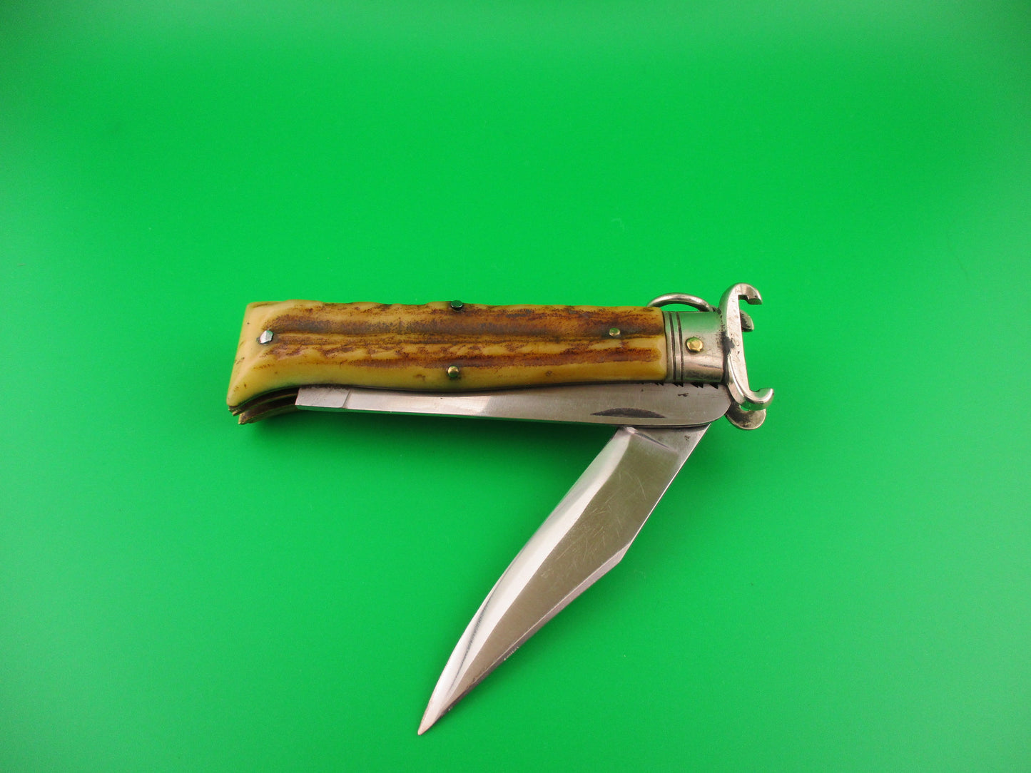 LEPRE INOX 19cm Italian Ring pull 2 Blade Shell Puller Stag automatic knife Rabbit stamp