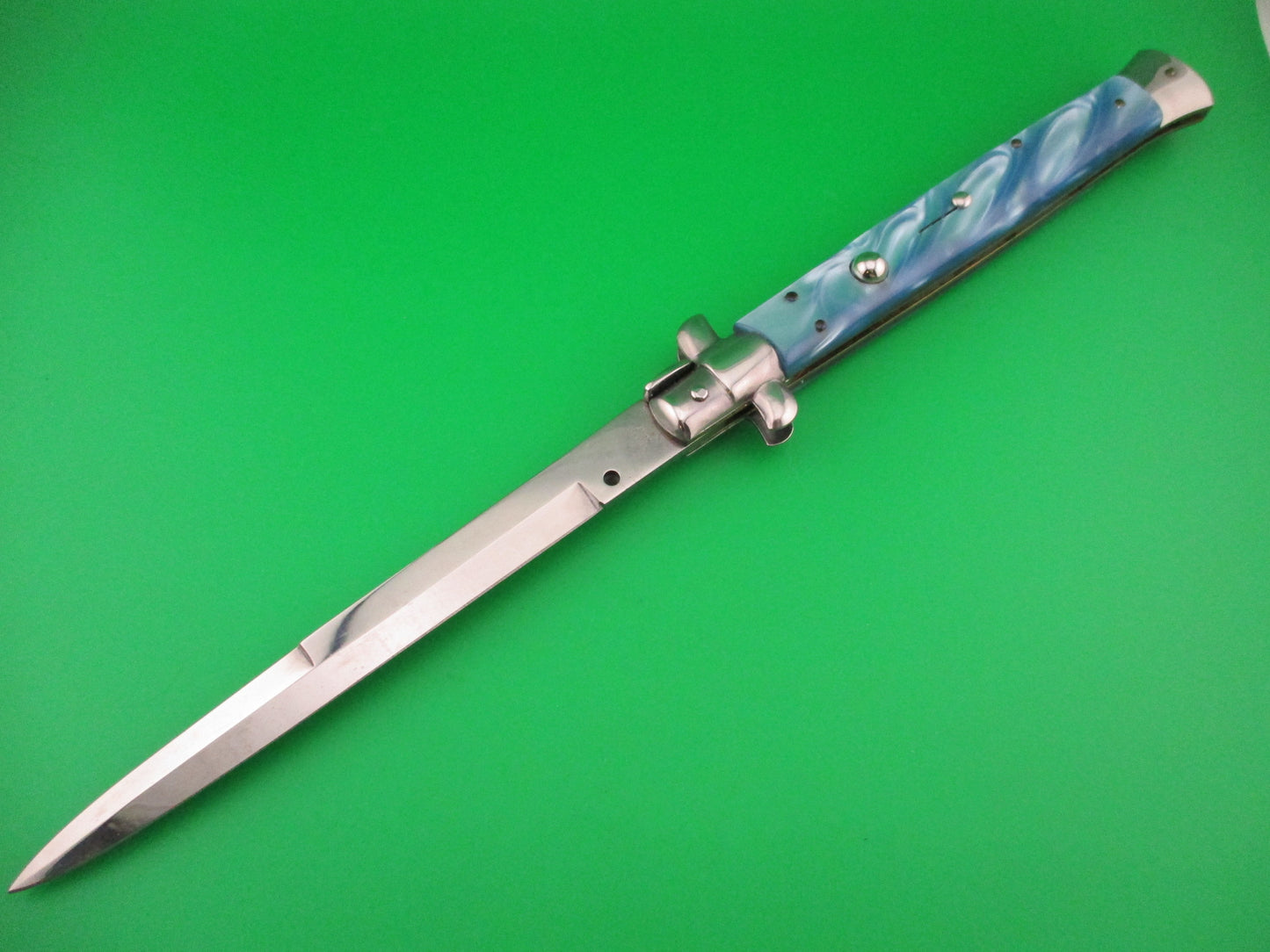 STILETTO ITALY 33cm Italian Swivel bolster Blue Pearl Kirinite automatic knife