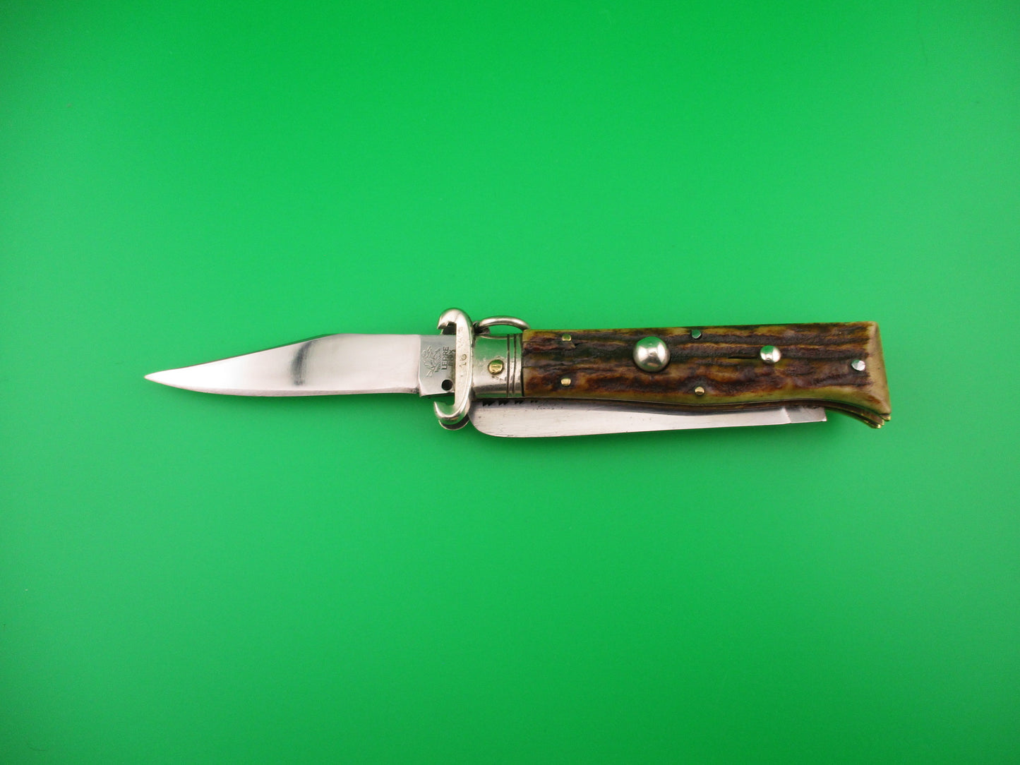 LEPRE INOX 19cm Italian Ring pull 2 Blade Shell Puller Stag automatic knife Rabbit stamp