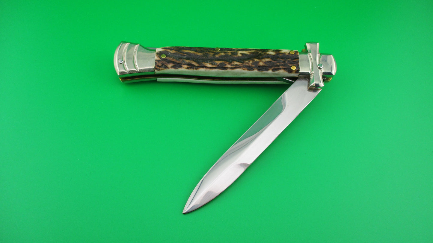 AGA CAMPOLIN 23cm Italian Maltese Stag crossguard automatic knife w box