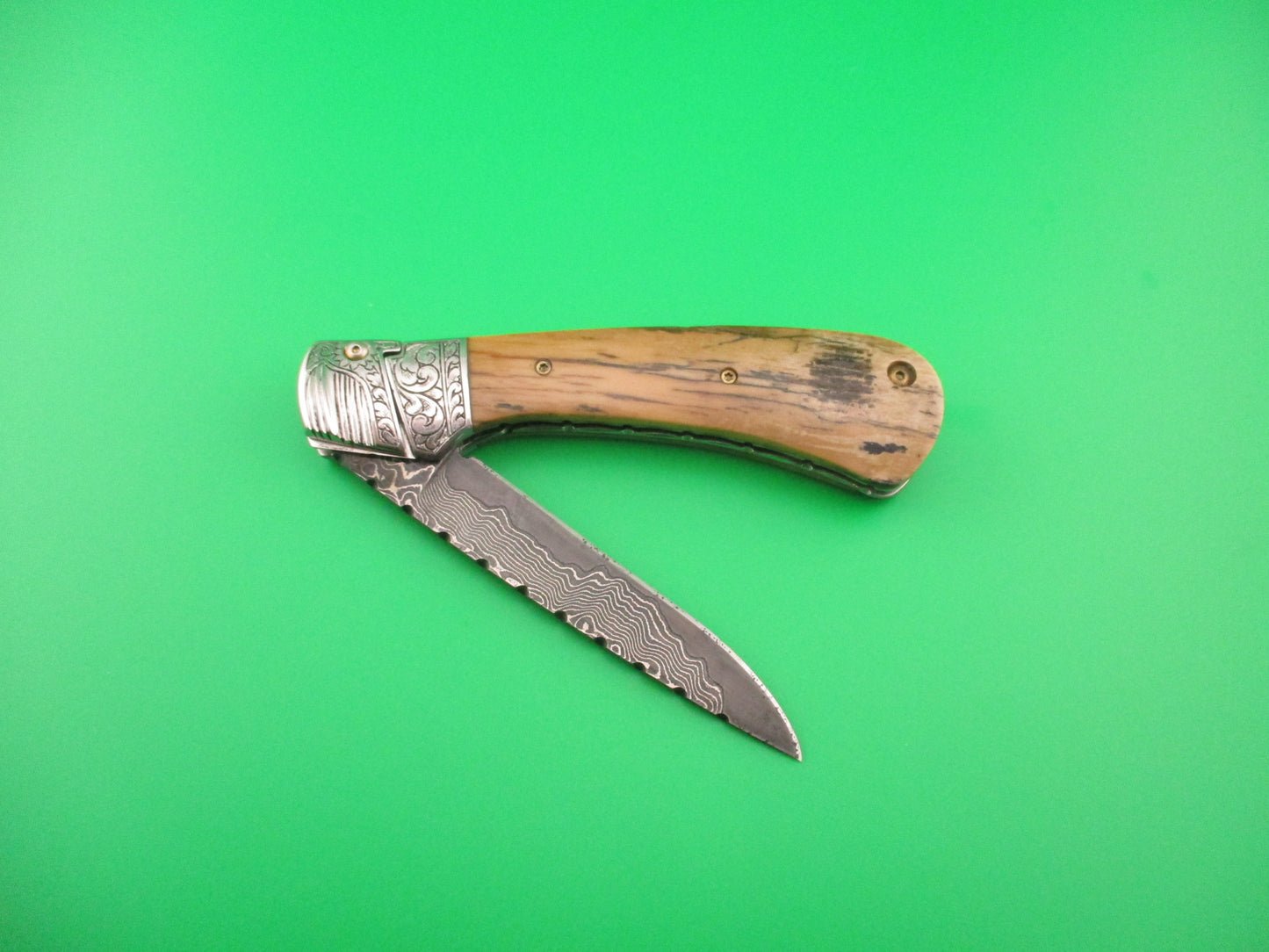 PETER MARTIN KNIVES NO 3 Custom Damascus Mammoth Ivory Bolster release automatic knife