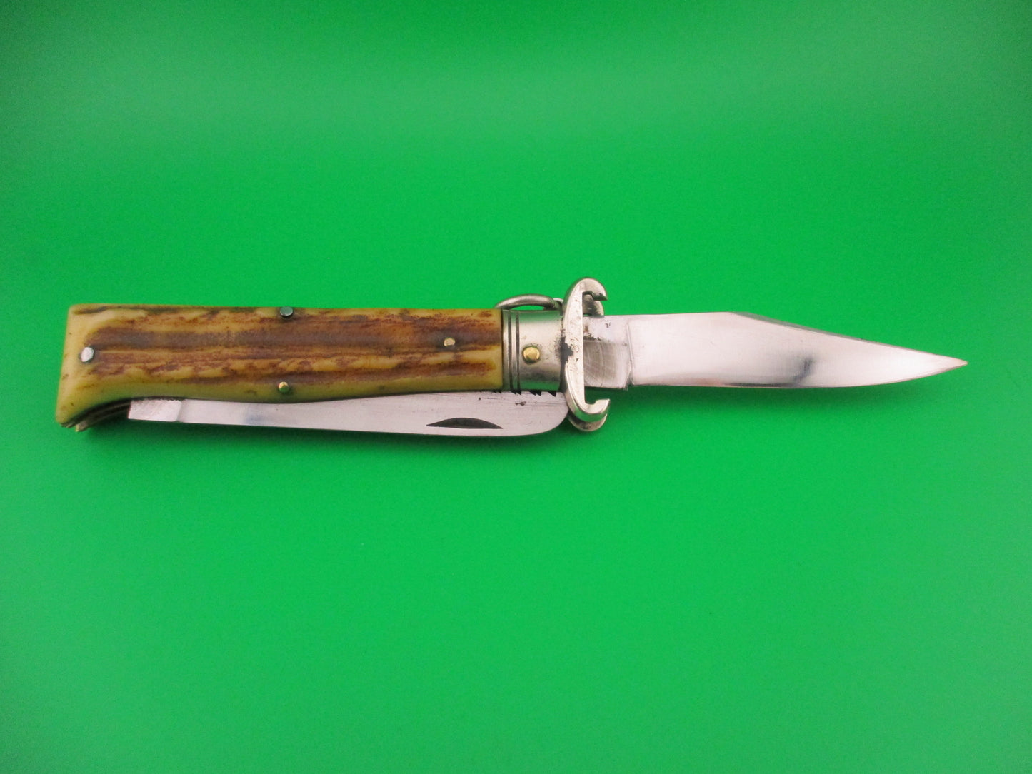 LEPRE INOX 19cm Italian Ring pull 2 Blade Shell Puller Stag automatic knife Rabbit stamp