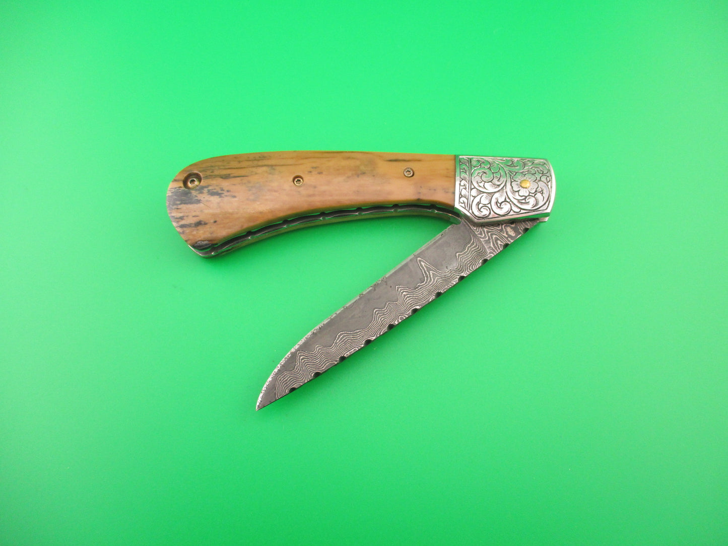 PETER MARTIN KNIVES NO 3 Custom Damascus Mammoth Ivory Bolster release automatic knife