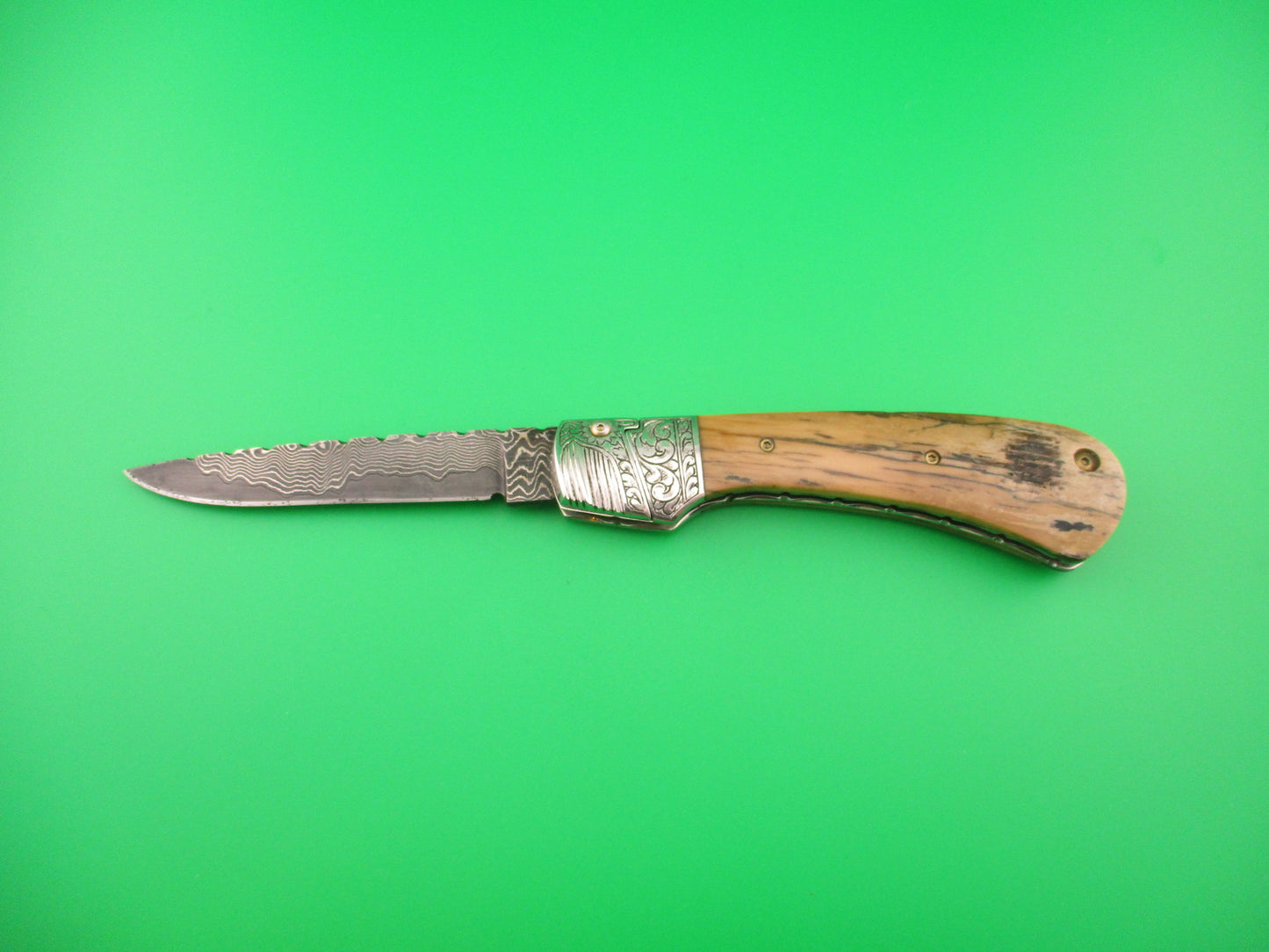 PETER MARTIN KNIVES NO 3 Custom Damascus Mammoth Ivory Bolster release automatic knife