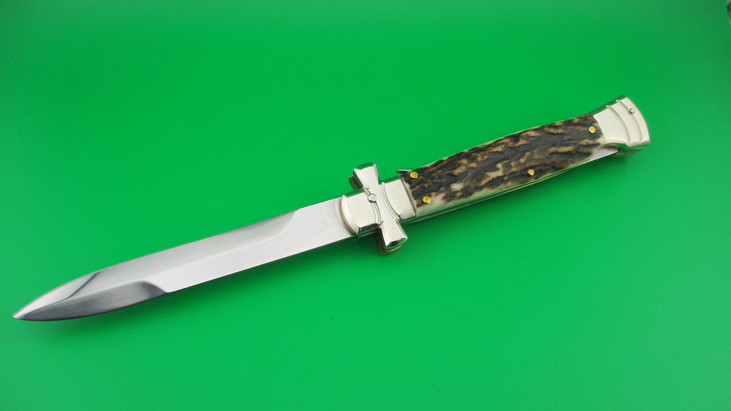 AGA CAMPOLIN 23cm Italian Maltese Stag crossguard automatic knife w box