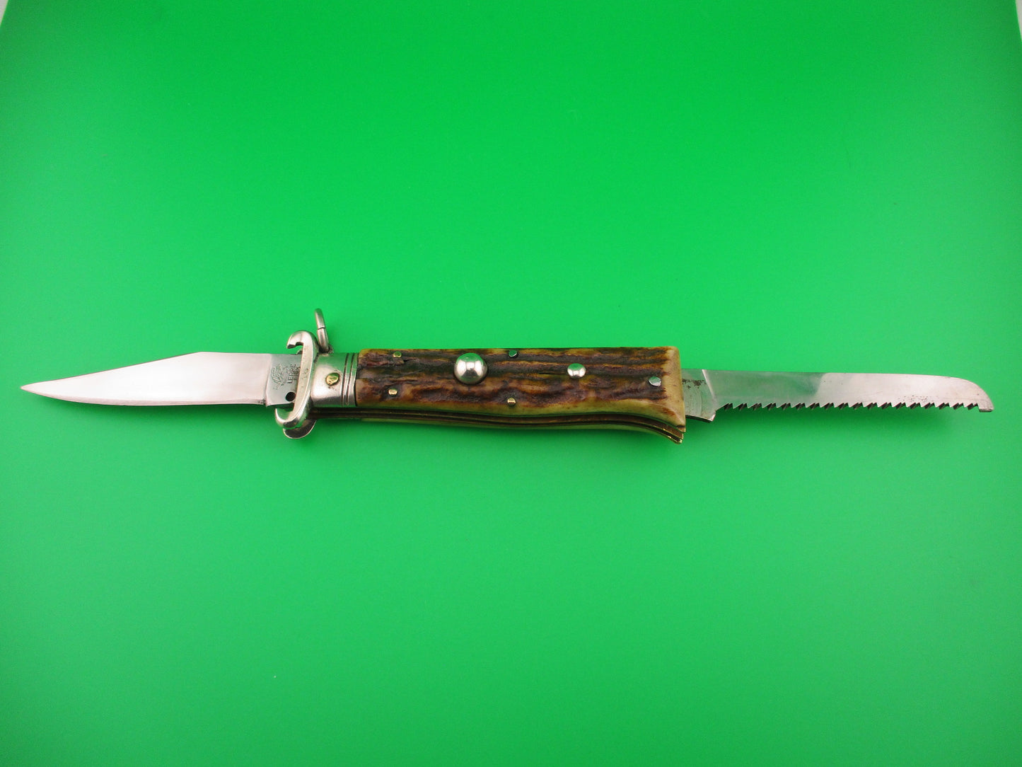 LEPRE INOX 19cm Italian Ring pull 2 Blade Shell Puller Stag automatic knife Rabbit stamp