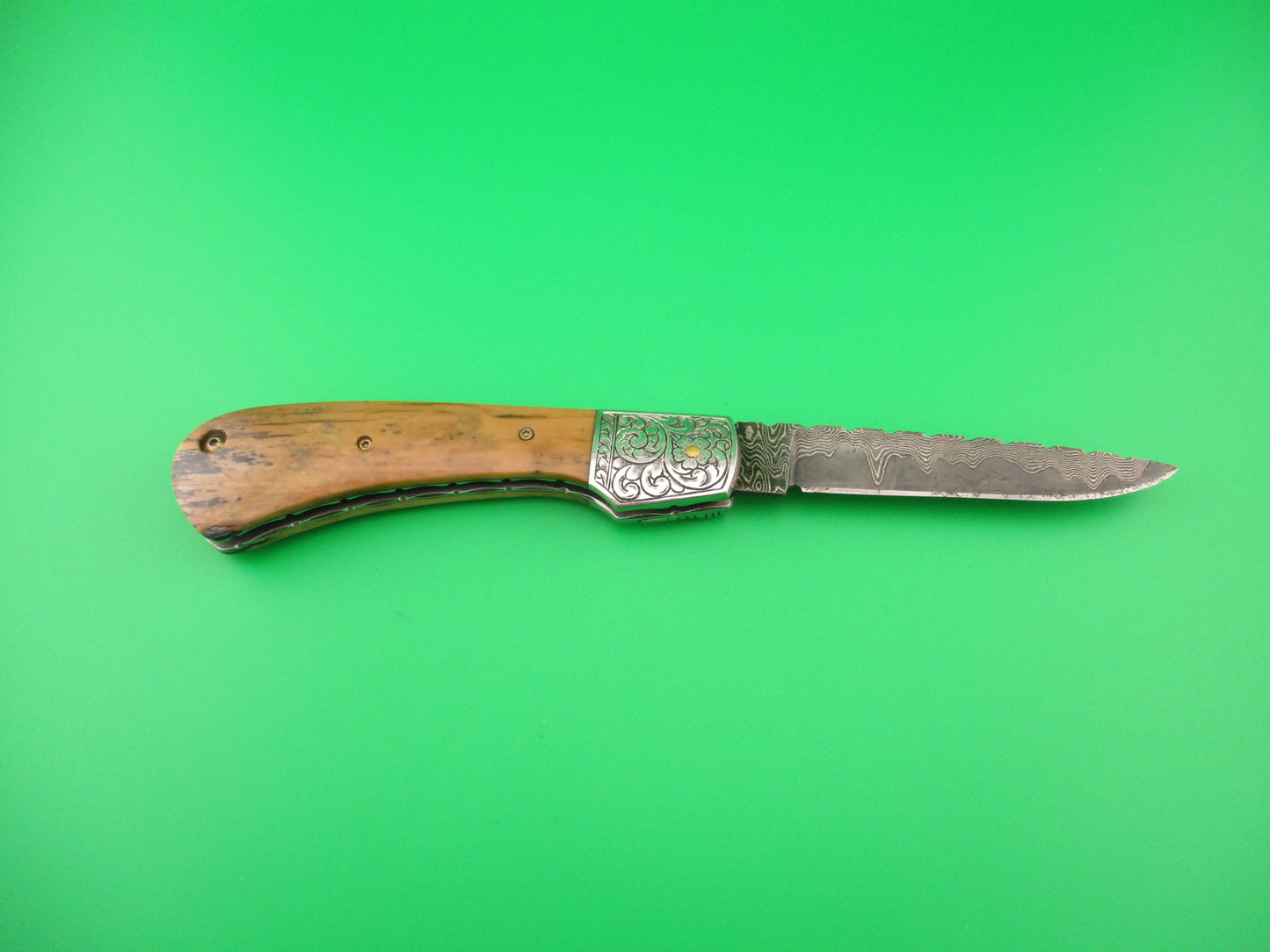 PETER MARTIN KNIVES NO 3 Custom Damascus Mammoth Ivory Bolster release automatic knife
