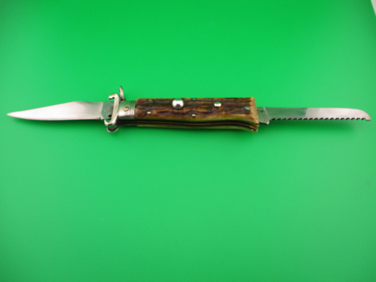LEPRE INOX 19cm Italian Ring pull 2 Blade Shell Puller Stag automatic knife Rabbit stamp