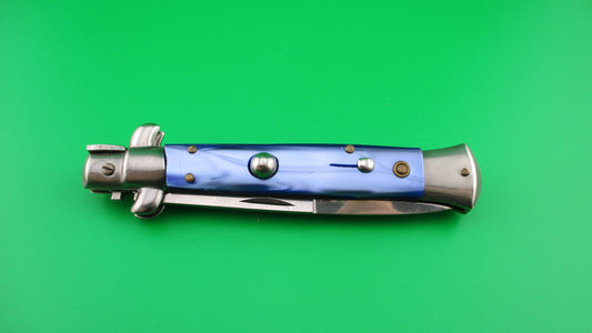 ITALY STAINLESS 22cm Italian Stiletto Blue Pearlex swivel bolster automatic knife