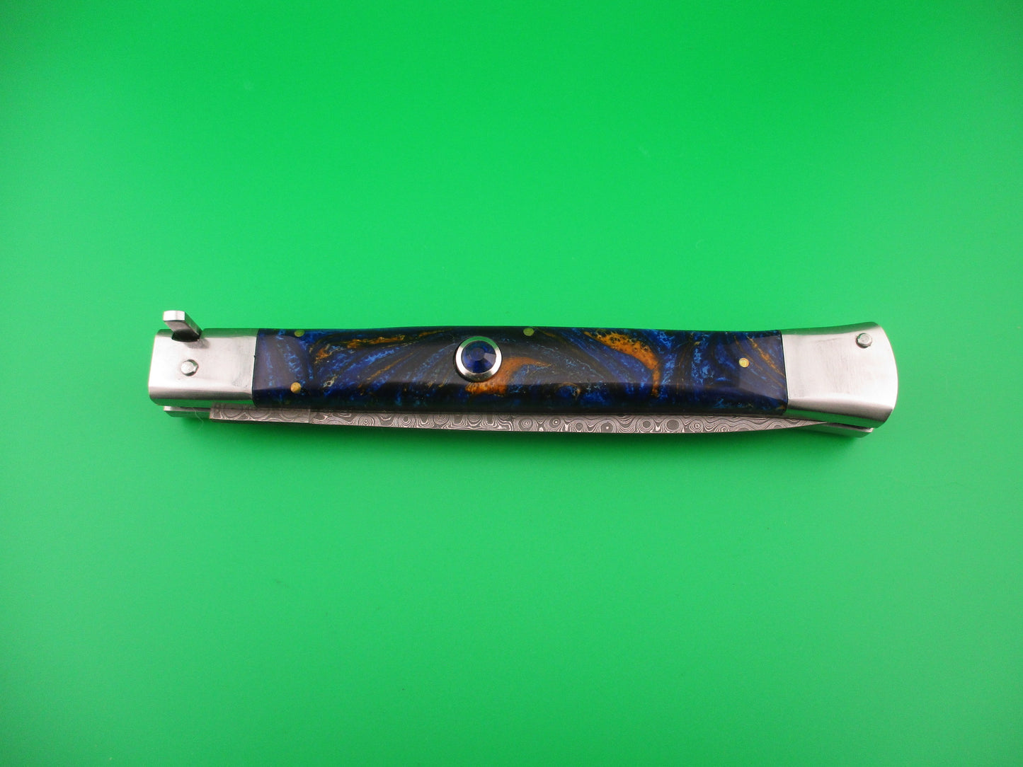 Custom 33cm Damascus Dagger grind Blue Mosaic automatic knife by Samir Ahmad