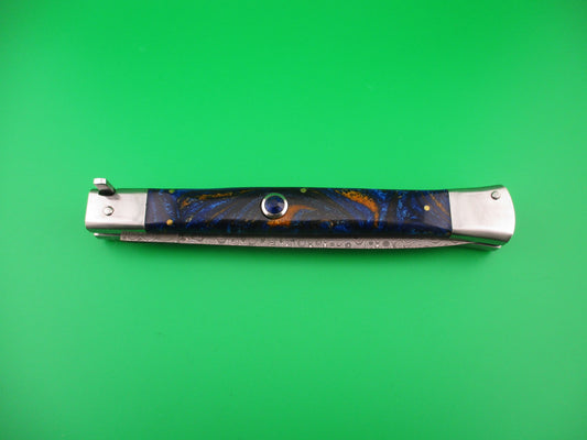 Custom 33cm Damascus Dagger grind Blue Mosaic automatic knife by Samir Ahmad