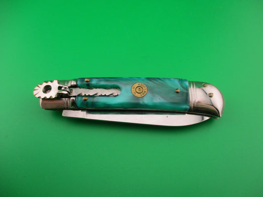 INOX 20cm Italian Lever Customized Green Pearl File work automatic knife 9mm Luger