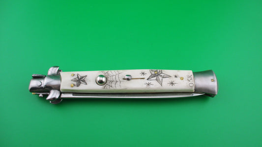 Italian 28cm Swivel bolster Scrimshaw Bird Stars Rose automatic knife OSK MULAS