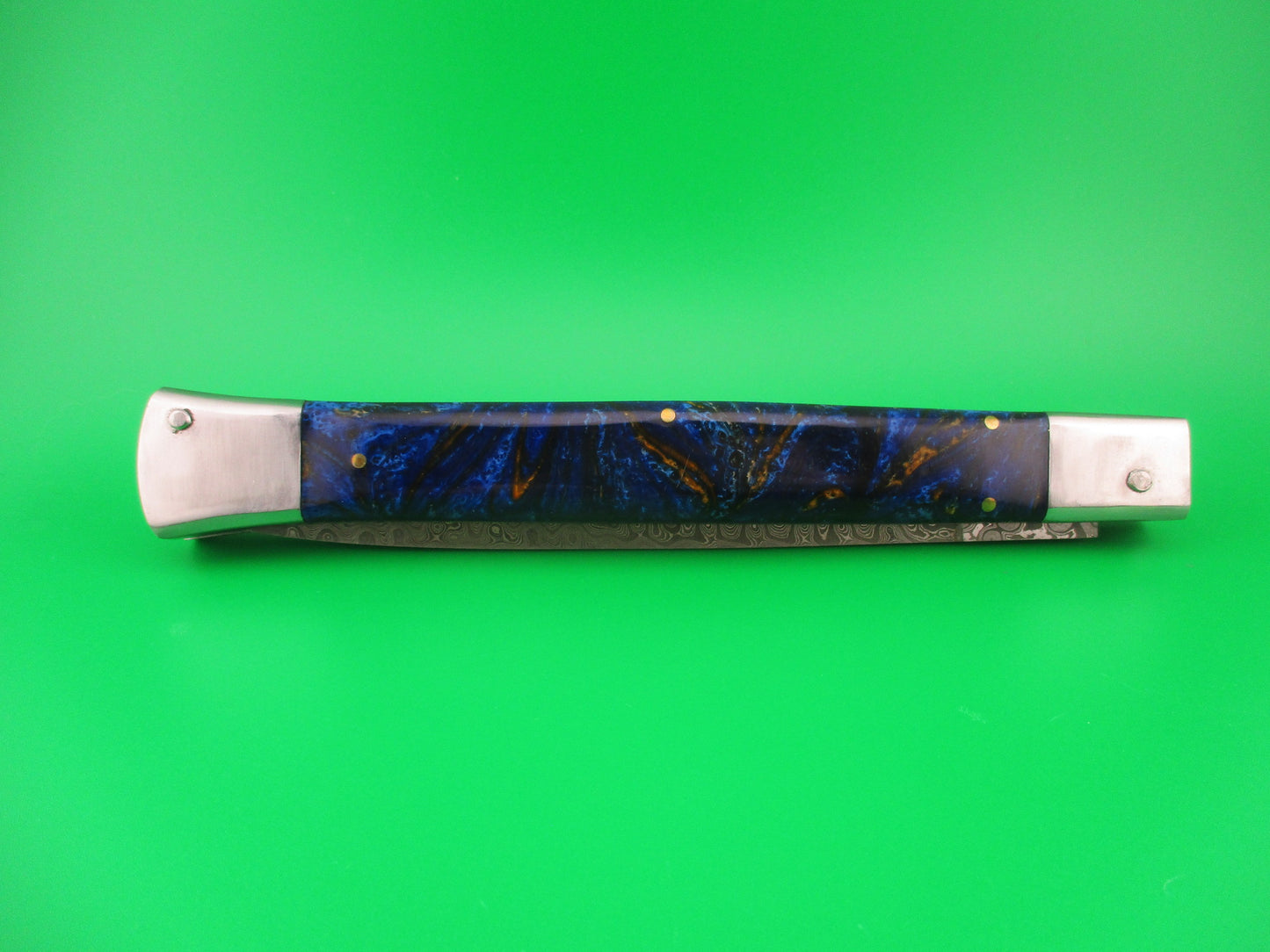 Custom 33cm Damascus Dagger grind Blue Mosaic automatic knife by Samir Ahmad