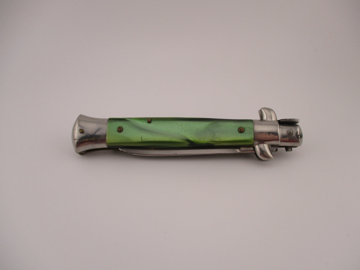 ERN (crown & scimitar) Rostfrei 21cm Italian Swivel bolster Green pearlex automatic knife