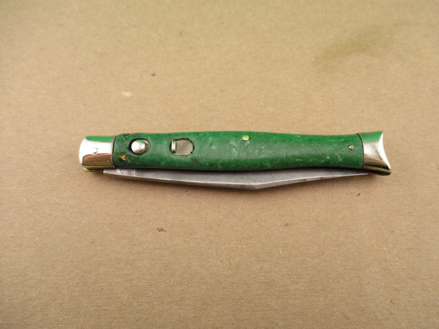 Schrade Cut Co Fishtail Green swirl vintage automatic knife with bolsters