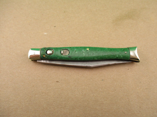 Schrade Cut Co Fishtail Green swirl vintage automatic knife with bolsters
