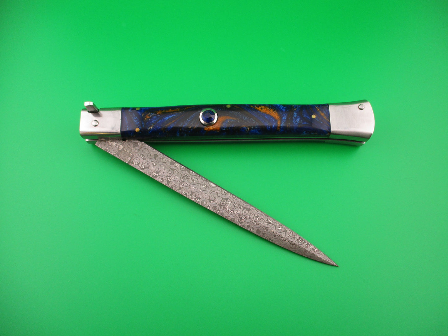 Custom 33cm Damascus Dagger grind Blue Mosaic automatic knife by Samir Ahmad