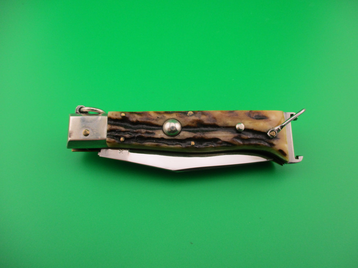 INOX 20cm Italian Vintage Ring Pull Stag Shell puller 4 Blade Camper automatic knife