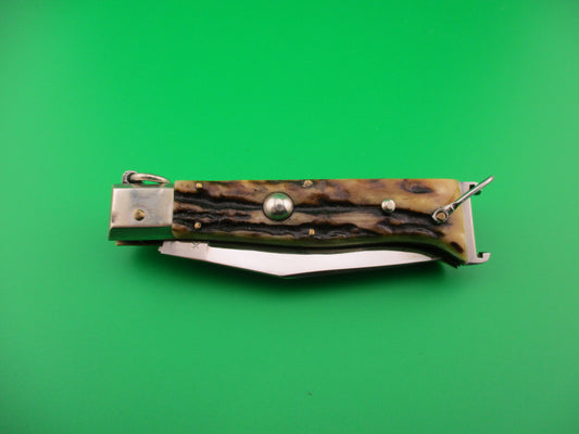 INOX 20cm Italian Vintage Ring Pull Stag Shell puller 4 Blade Camper automatic knife