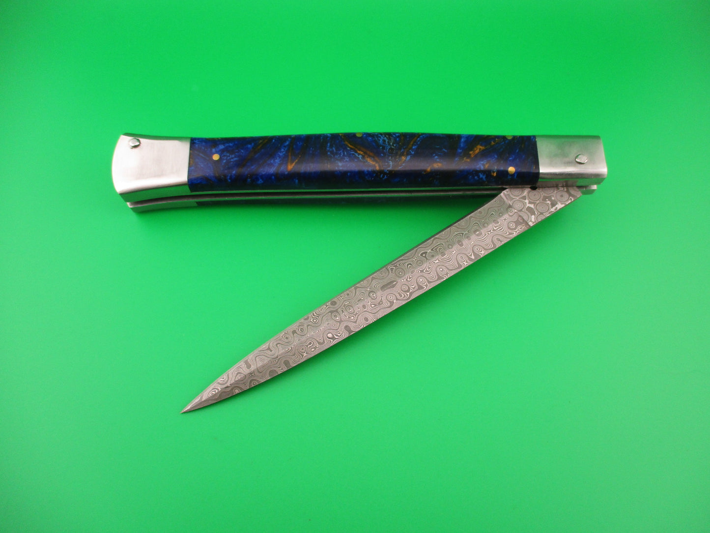 Custom 33cm Damascus Dagger grind Blue Mosaic automatic knife by Samir Ahmad
