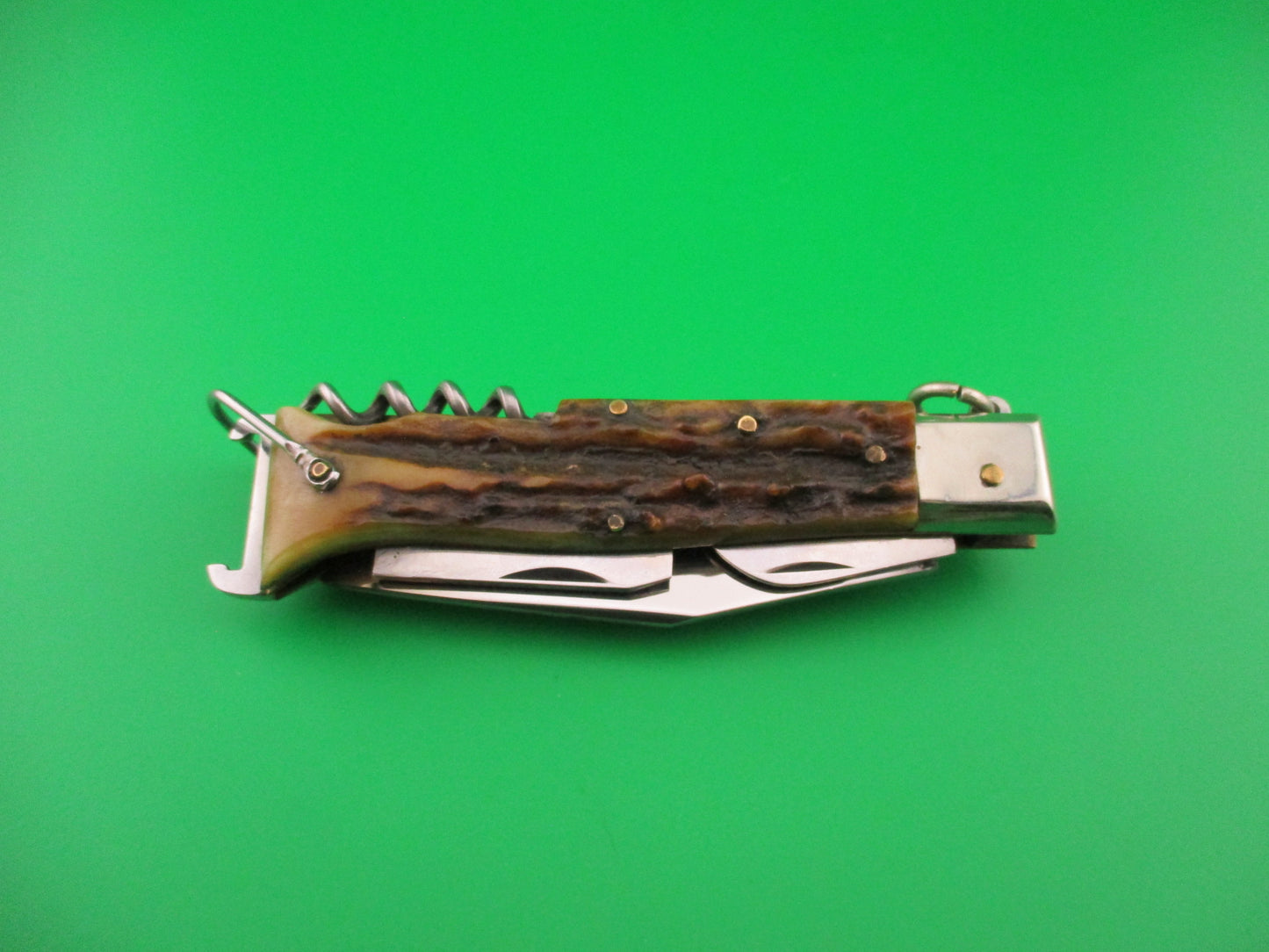 INOX 20cm Italian Vintage Ring Pull Stag Shell puller 4 Blade Camper automatic knife