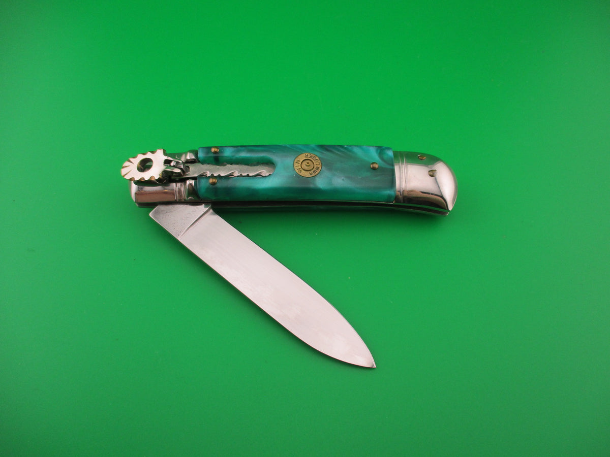 INOX 20cm Italian Lever Customized Green Pearl File work automatic knife 9mm Luger