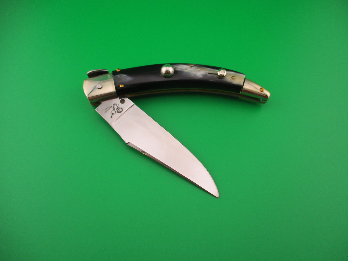 Folding knife with a black handle on a green background