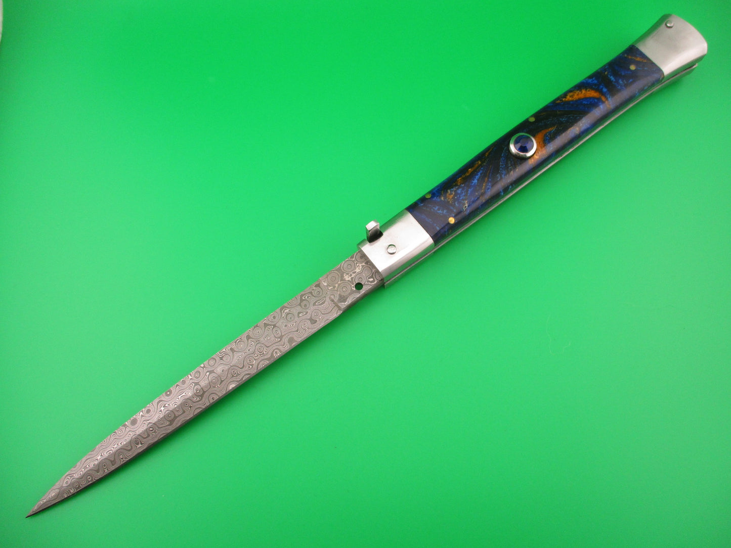 Custom 33cm Damascus Dagger grind Blue Mosaic automatic knife by Samir Ahmad