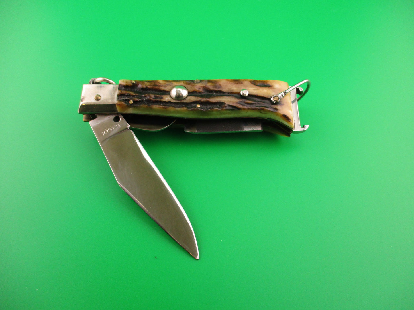 INOX 20cm Italian Vintage Ring Pull Stag Shell puller 4 Blade Camper automatic knife