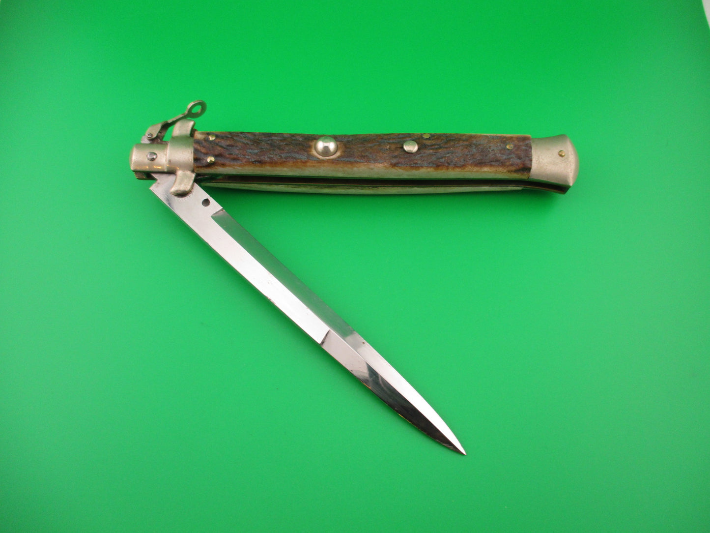 M. ITALY INOX 33cm Italian Fulcrum release Stag Vintage automatic knife