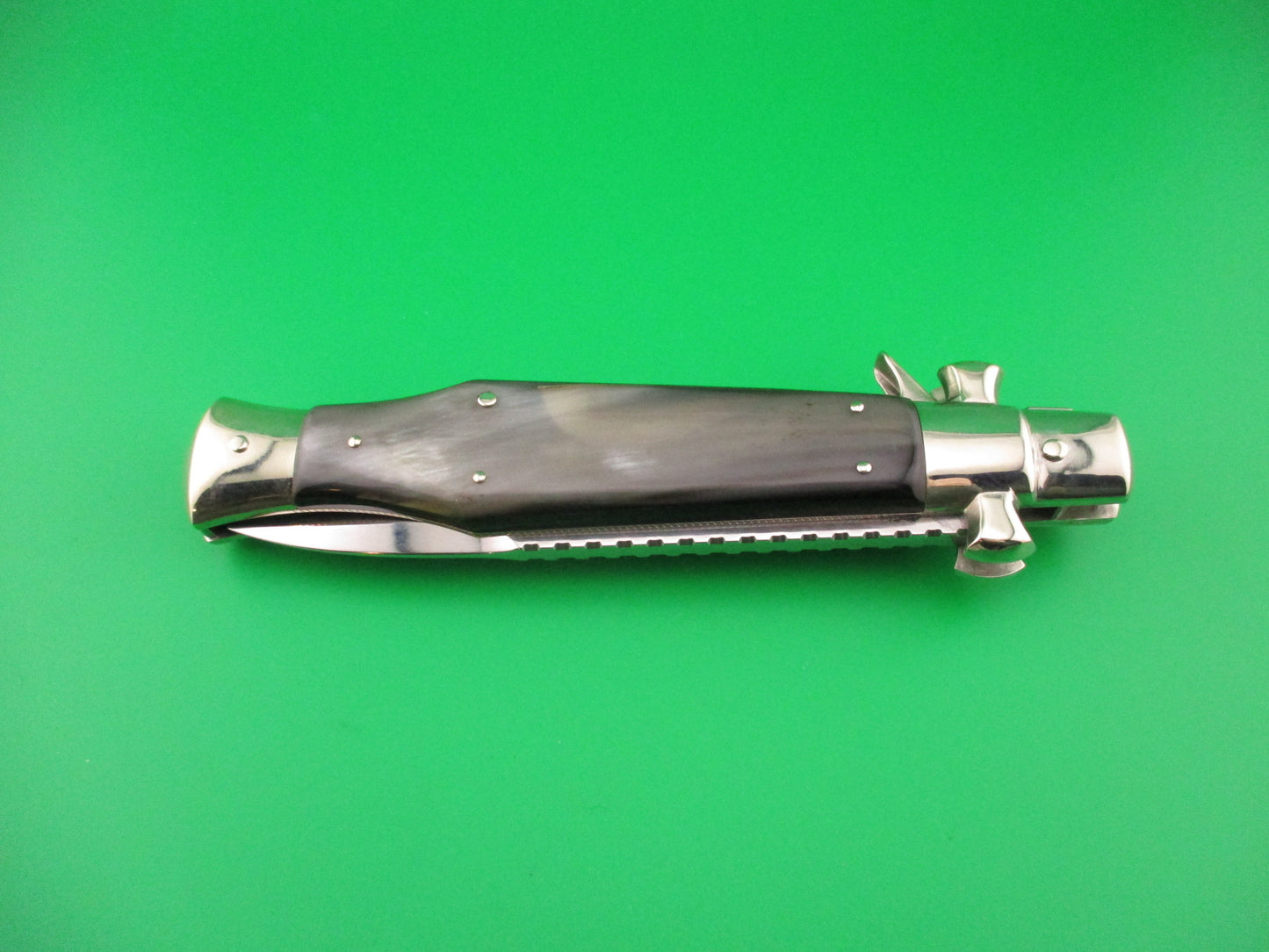 AGA CAMPOLIN 29cm Italian BLACK WIDOW Fulcrum Wasp Square button Green horn automatic knife