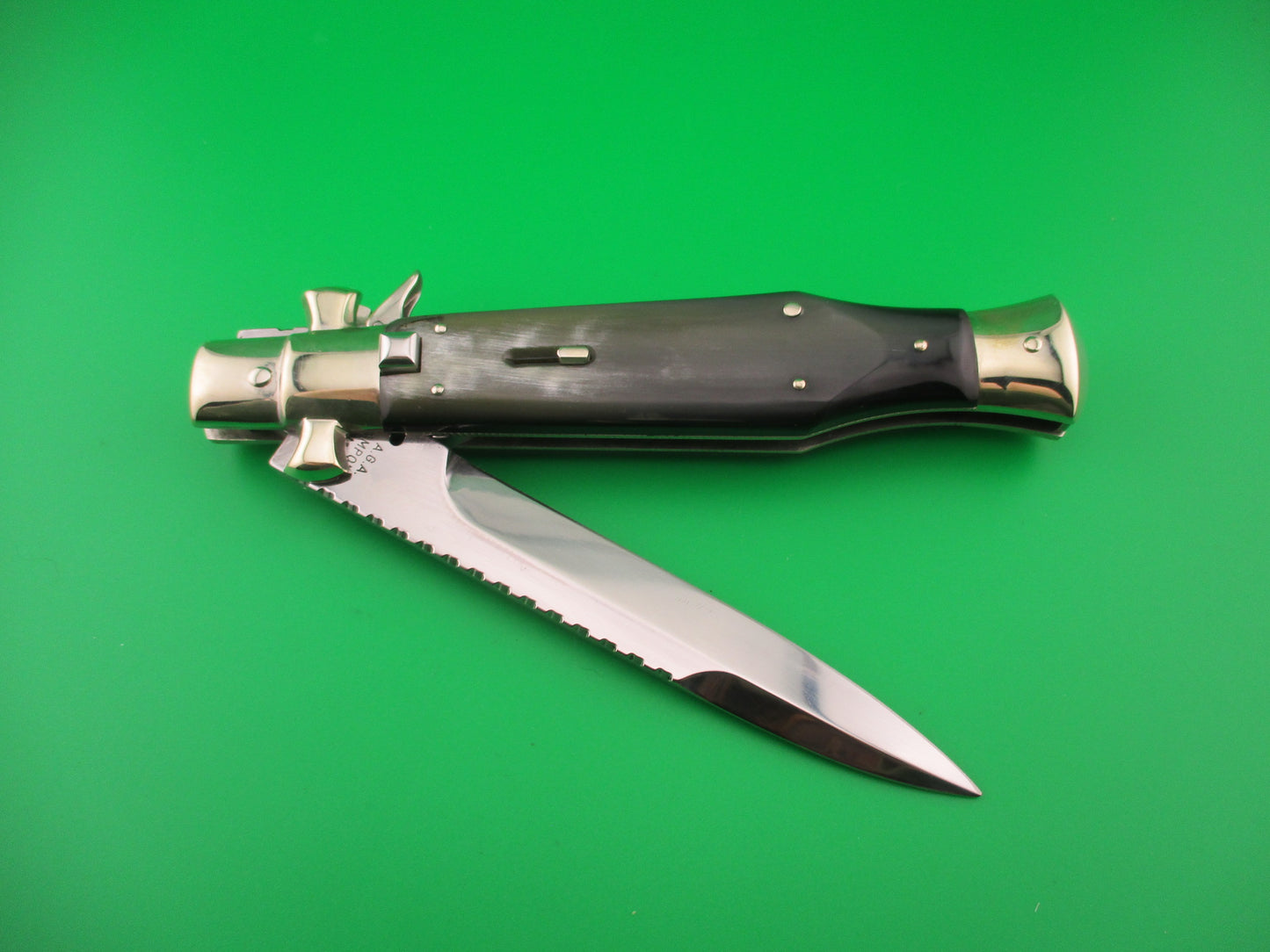 AGA CAMPOLIN 29cm Italian BLACK WIDOW Fulcrum Wasp Square button Green horn automatic knife
