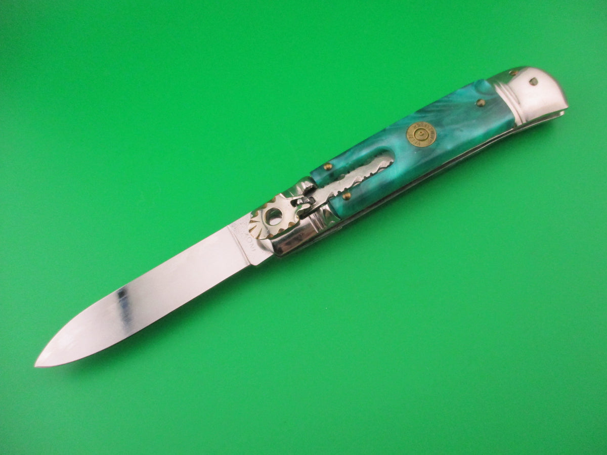 INOX 20cm Italian Lever Customized Green Pearl File work automatic knife 9mm Luger